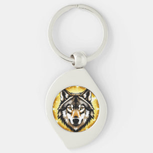 Porte-clés Portrait majestueux de loup sur fond doré