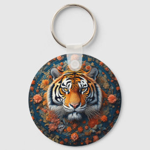 Porte-clés Portrait majestueux de tigre entouré de fleurs