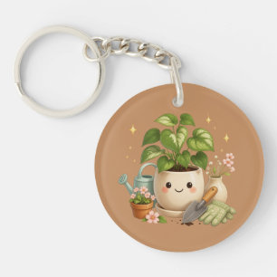 Porte-clés Pot de plante heureuse avec fleurs et outils de ja