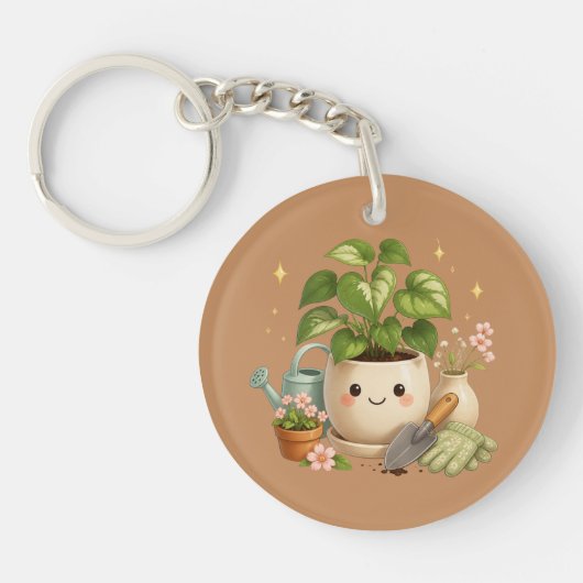 Porte-clés Pot de plante heureuse avec fleurs et outils de ja (Devant)