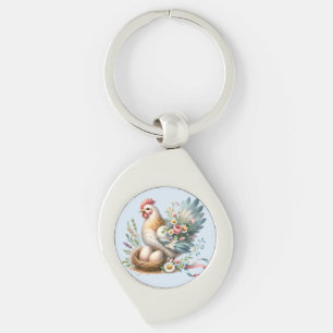 Porte-clés Poule florale avec charme vintage de ferme