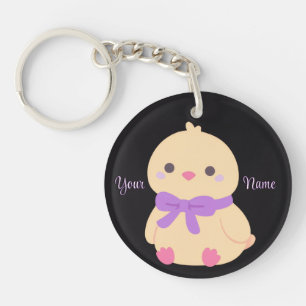 Porte-clés Poulet au Nœud Violet Mignon Kawaii Noir Personnal