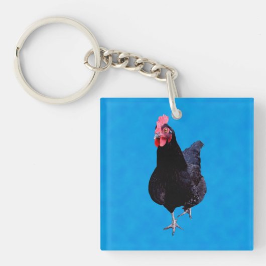 Porte-clés Poulet Noir Sur Arrière - plan Bleu Éponge, (Devant)