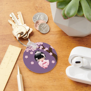 Porte-clés Poupée blanche Kimono Kokeshi - mignonne Geisha Gi