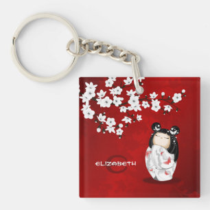 Porte-clés Poupée Kokeshi Rouge Noir Et Blanc Clé De Fleur De