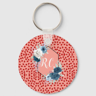 Porte-clés Poussière Bleue Élégante Fleurs & Cœurs Rouges Mon
