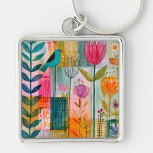 Porte-clés Prairie charmante du merle bleu patchwork