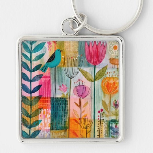 Porte-clés Prairie charmante du merle bleu patchwork (Devant)