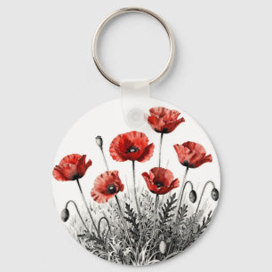 Porte-clés Prairie de fleurs de pavot rouge vibrant