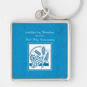Porte-clés Première communion du petit-fils Bleu, Blé, Raisin