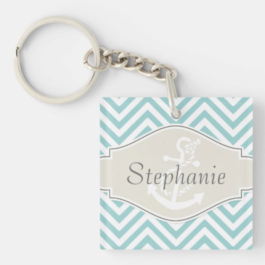 Porte-clés Preppy Chevron Stripe Modern Monogramme Nom (Devant)