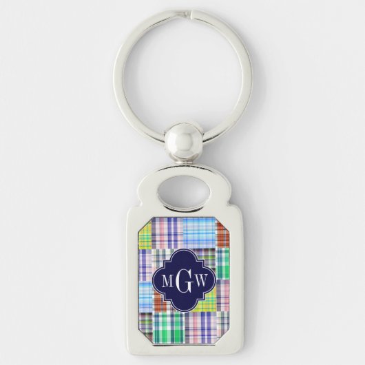 Porte-clés Preppy Patchwork Madras Navy Quatrefoil Monogramme (Devant)