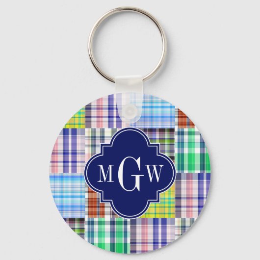 Porte-clés Preppy Patchwork Madras Navy Quatrefoil Monogramme (Recto)