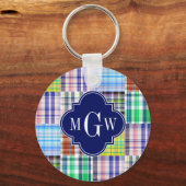Porte-clés Preppy Patchwork Madras Navy Quatrefoil Monogramme (Recto)