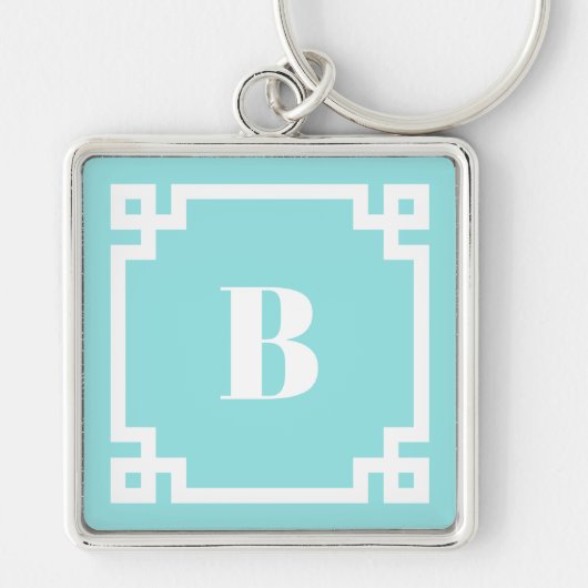 Porte-clés Preppy Square Greek Key Border Aqua Blue Monogram (Devant)