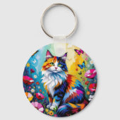 Porte-clés Pretty Colorful Impasto Cat and Flowers (Verso)