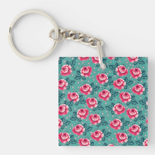 Porte-clés Pretty Pink Roses and Polka Dot Pattern on Teal (Devant)