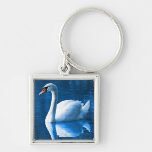 Porte-clés Pretty white swan floating on blue lake