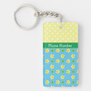Porte-clés Primroses sur Bleu, Jaune, Pois blancs
