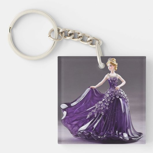 Porte-clés princesse en verre cristal avec robe violette (Devant)