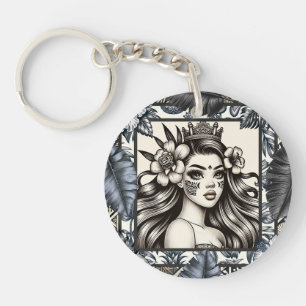 Porte-clés Princesse Polynésienne Fleurie Tribale Bleue
