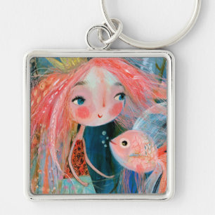 Porte-clés Princesse sirène avec amie poisson rose