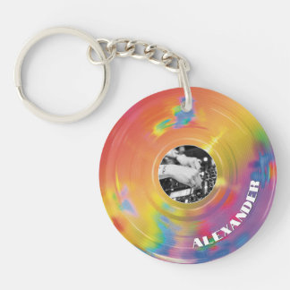 Porte-clés Producteur de musique arc-en-ciel rétro DJ disque