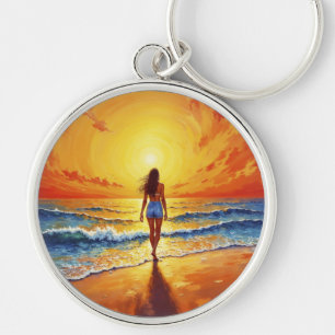 Porte-clés Promenade au soleil couchant océan art lumineux