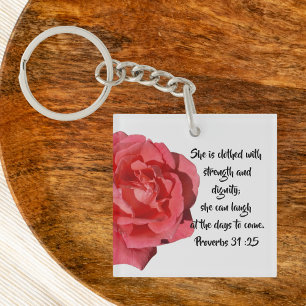 Porte-clés Proverbes 31:25 Rose rouge coutume chrétienne