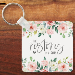 Porte-clés Psaume 23:3 Il rétablit mon âme Bible Verse & Rose