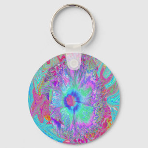 Porte-clés Psychédélique rétro arc-en-ciel bleu Hibiscus