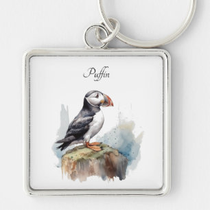 Porte-clés Puffin sur une aquarelle rocheuse, personnalisé