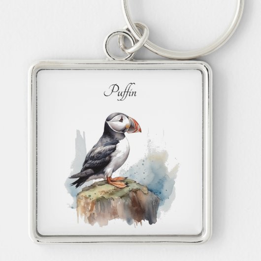 Porte-clés Puffin sur une aquarelle rocheuse, personnalisé (Devant)