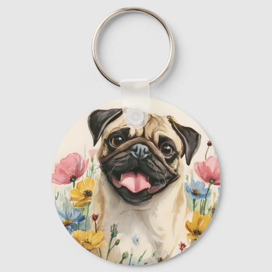 Porte-clés pug – Aquarelle (Recto)