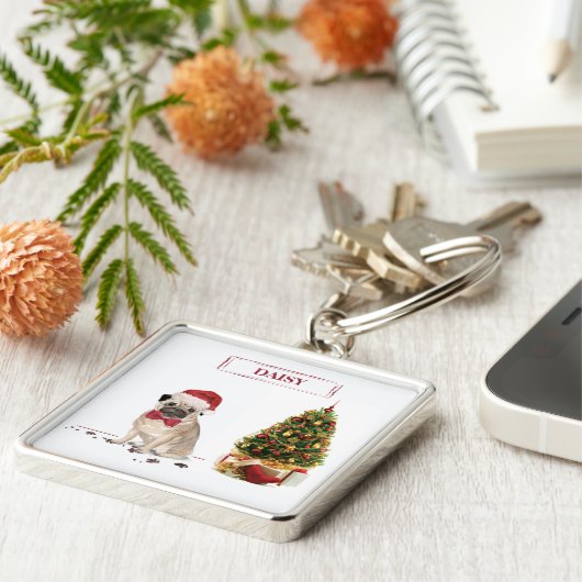 Porte-clés Pug drôle de Noël avec arbre (Côté)