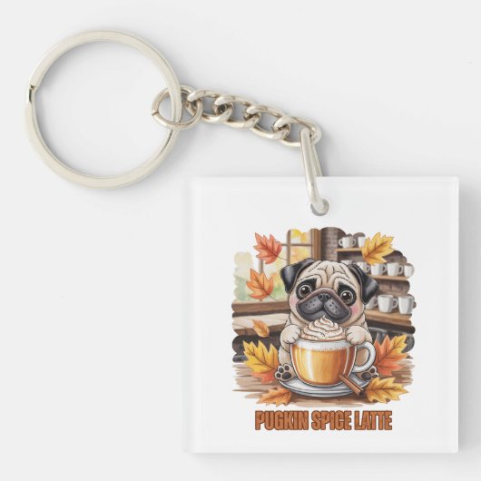Porte-clés Pugkin Spice Latte – Cute Autumn Pug Coffee Design (Devant)