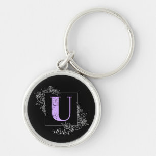 Porte-clés Purple Floral Butterfly Custom Monogram - Letter U