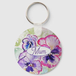 Porte-clés Purple Pansy Pink Flower Floral Aquarelle Maman