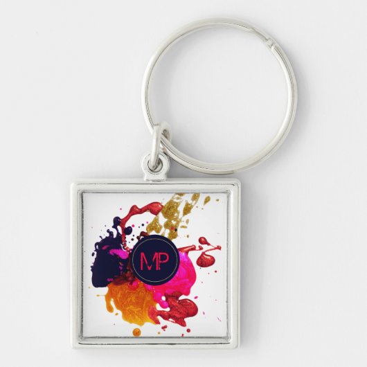 Porte-clés Purple Pink Red Gold Paint Splatter Monogram (Devant)