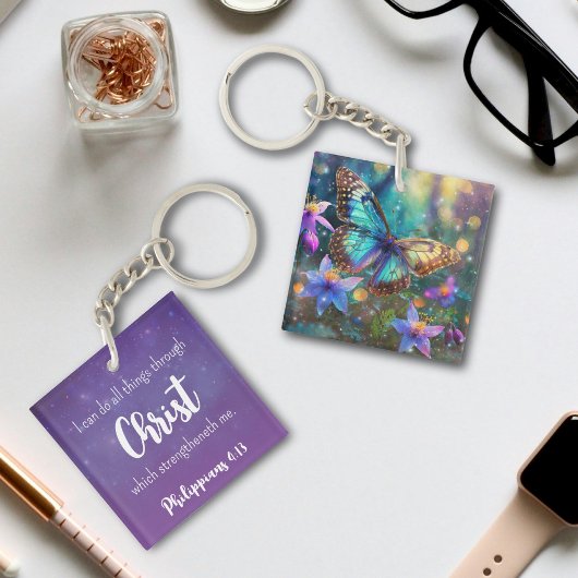 Porte-clés Purple Sparkle Philippians 4:13 Verse Papillon