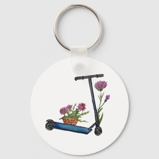 Porte-clés Push Scooter & Fleurs Aquarelle Bouton Bouton Clé (Recto)