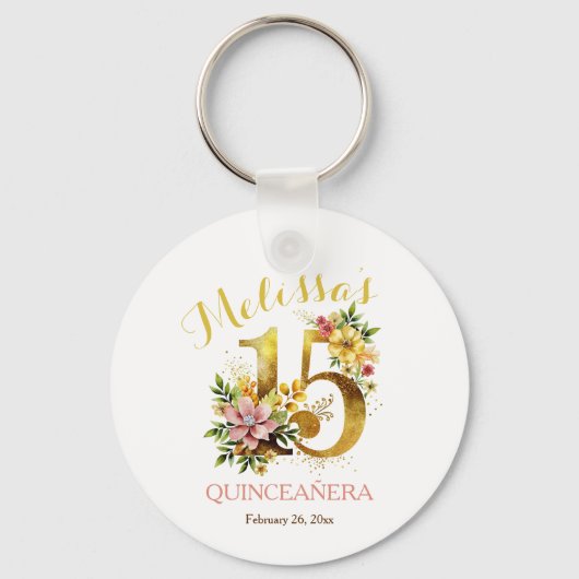 Porte-clés Quinceañera 15e fête d'anniversaire Floral (Recto)