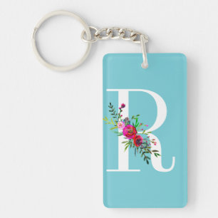 Porte-clés R Lettre Initiale Monogramme Floral Couleur Person