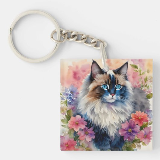 Porte-clés Ragdoll Chat Floral Art (Devant)