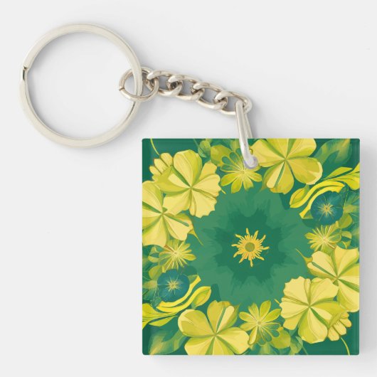 Porte-clés Rayonnement floral : Motif botanique jaune et vert (Devant)