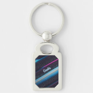 Porte-clés Rayures diagonales et motifs de points noir, bleu