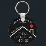 Porte-clés Real Estate House Heart Custom Realtor Business<br><div class="desc">A 2.25" diameter keychain features a red heart over a new home's roof, the words "Bless This Home!" along with your company name, phone number and agent's name. CHANGE THE BACKGROUND COLOR to anything - we show black. Personalize this business marketing gift with your own information to congratulate buyers on...</div>
