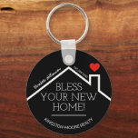 Porte-clés Real Estate House Heart Custom Realtor Business<br><div class="desc">2" round keychain features a red heart over a new home's roof, the words "Bless Your New Home!" along with your company name, phone number and agent's name. CHANGE THE BACKGROUND COLOR to anything - we show black. Personalize this business marketing gift with your own information to congratulate buyers on...</div>