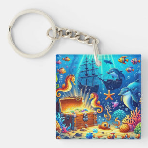 Porte-clés Récif de corail sous-marin, Vie marine et coffre a