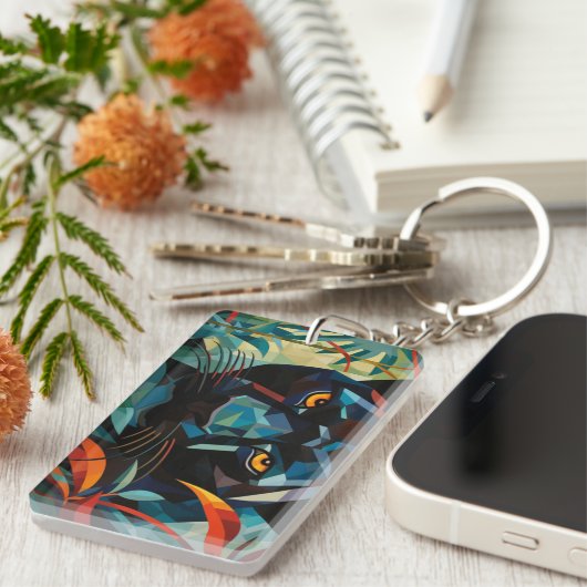 Porte-clés Rectangle acrylique de la panthère Abstraite nommé (Devant droit)